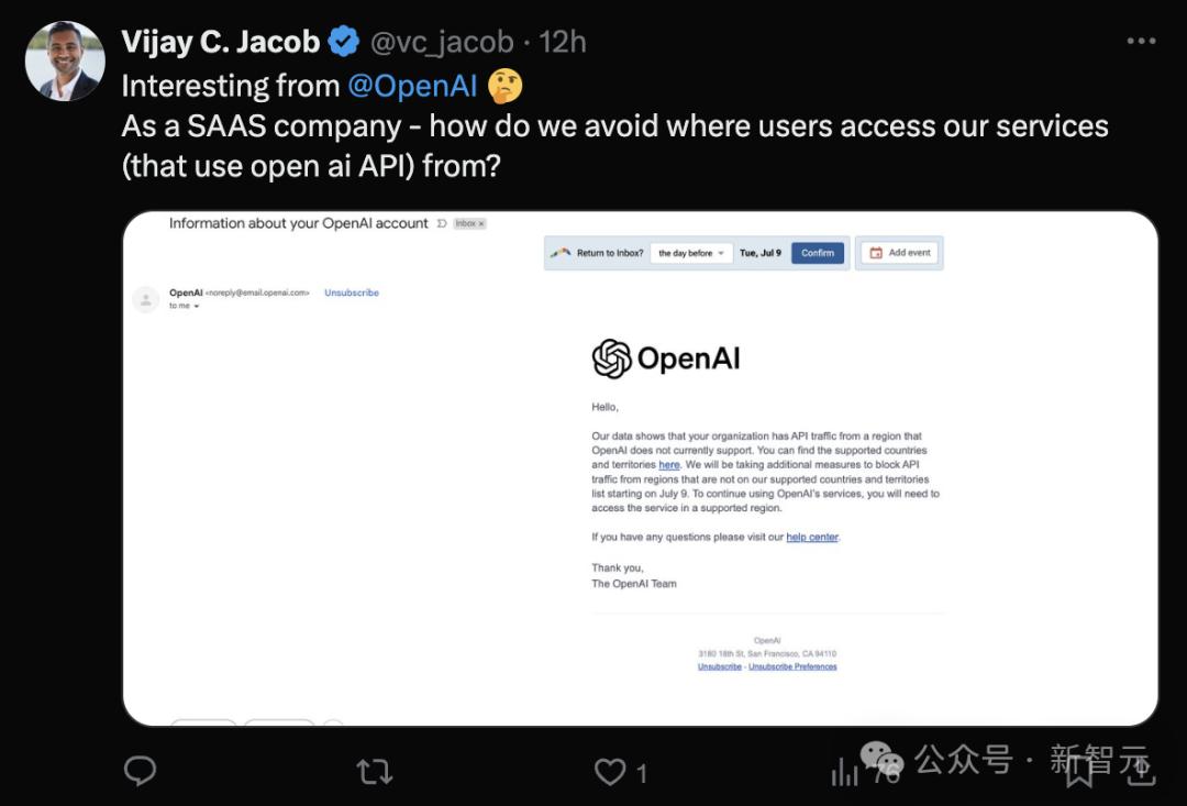 大量开发者收到OpenAI警告，7月9日起封杀不支持地区API